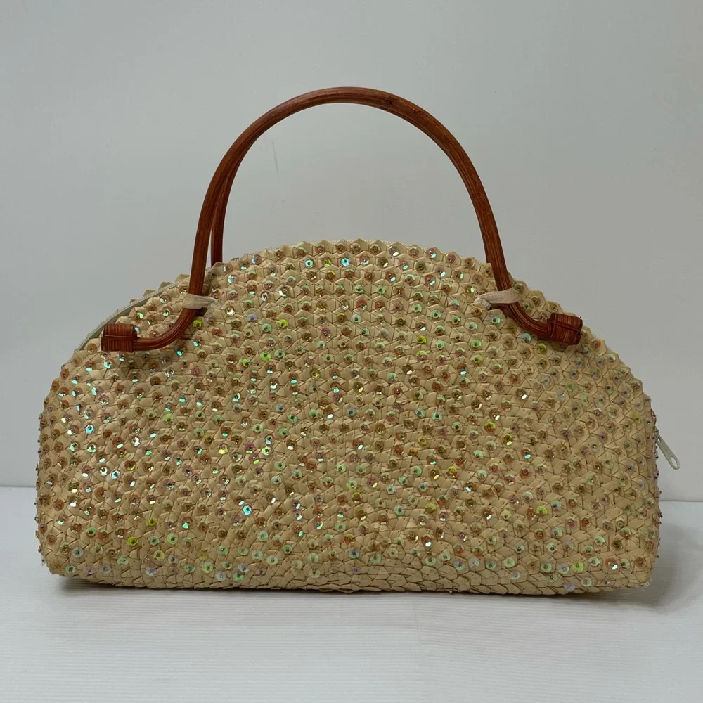 Vintage Handbag Woven Bamboo Wood Handle Sequins Handmade Bag Hand Crafted Purse